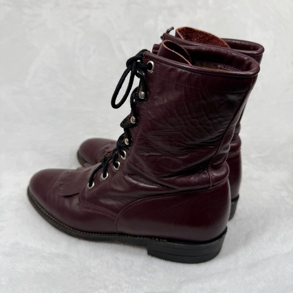 Justin L510 Burgundy Leather Lace Up Roper Boots Kiltie Fringe USA Made 7B - Picture 7 of 14